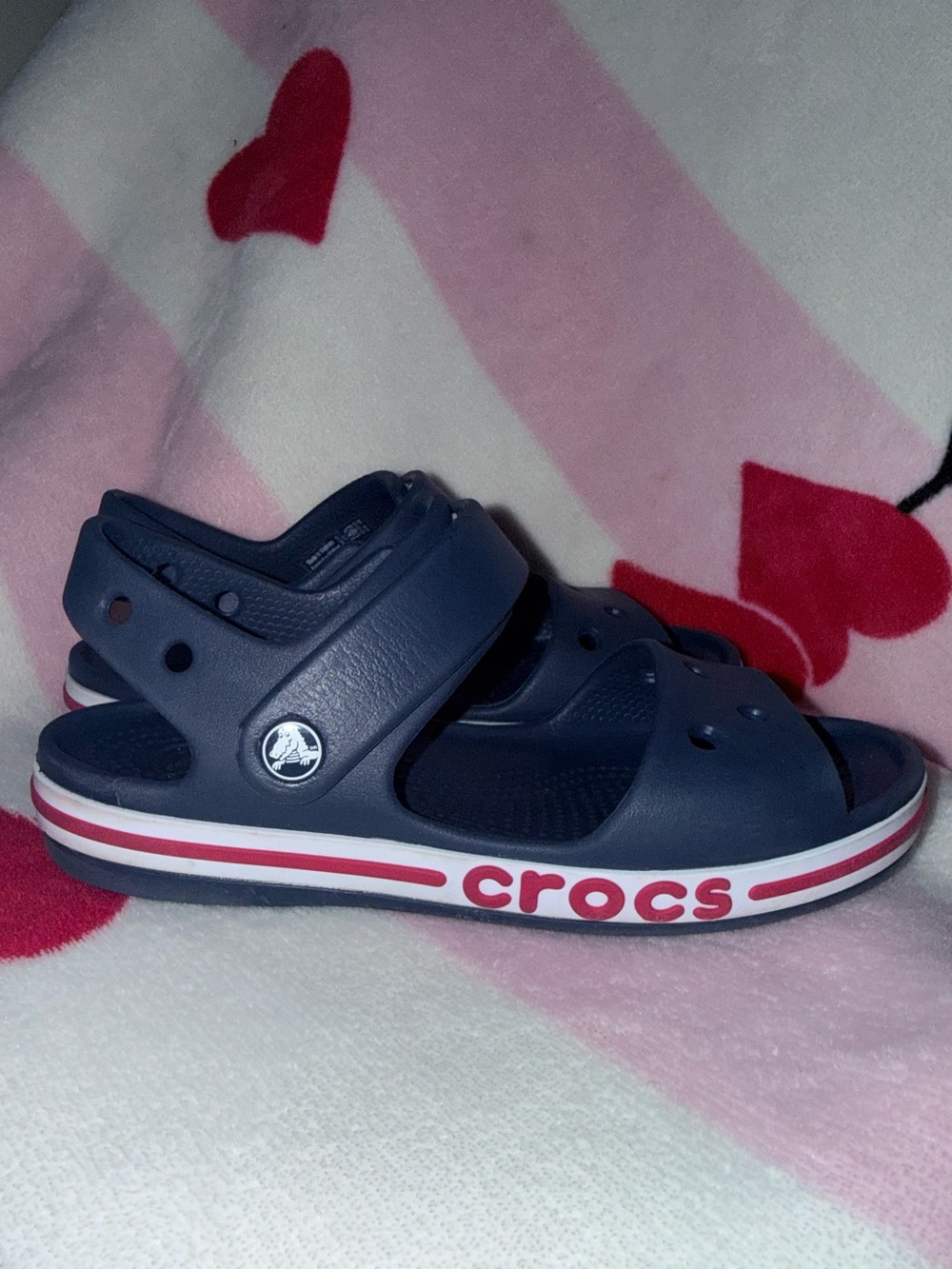 CROCS Navy Kids' Strappy Sandals with Red and White Trim, Size 12